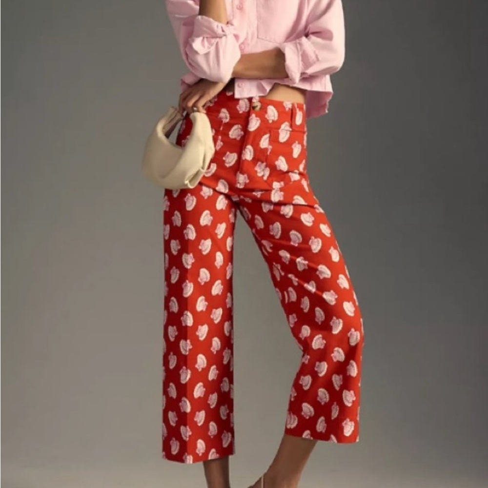 Anthropologie Red and White Sea Shells Patterned Wide Leg Pants